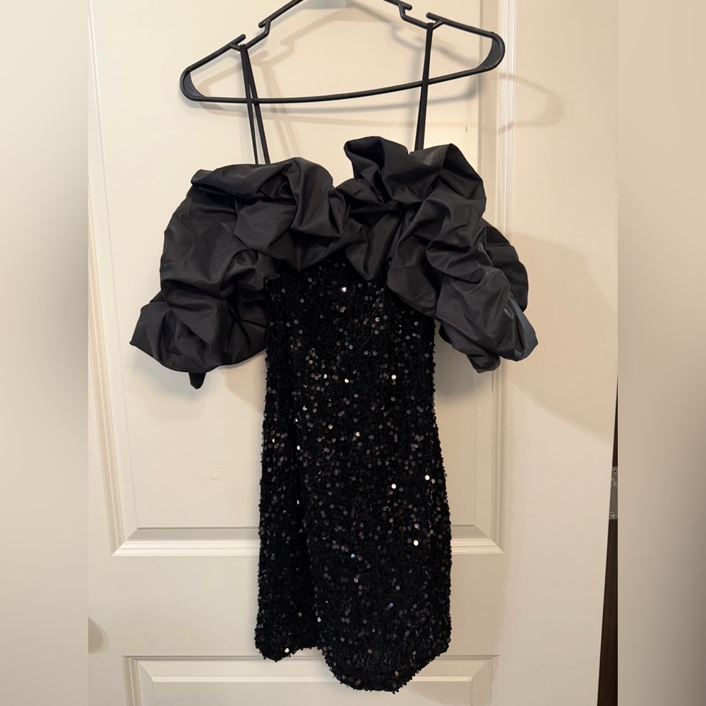 Black Velvety Sequin Mini Dress with Dramatic Off the Shoulder Puff Sleeves